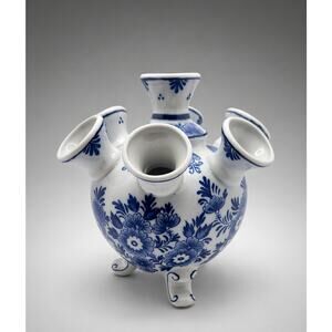 Delft DeFleur Holland Handpainted Flower Frog Vase Blue White 7 Spout